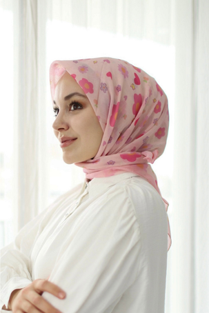 BASIC PEMBE ÇİÇEK DESEN EŞARP - 1