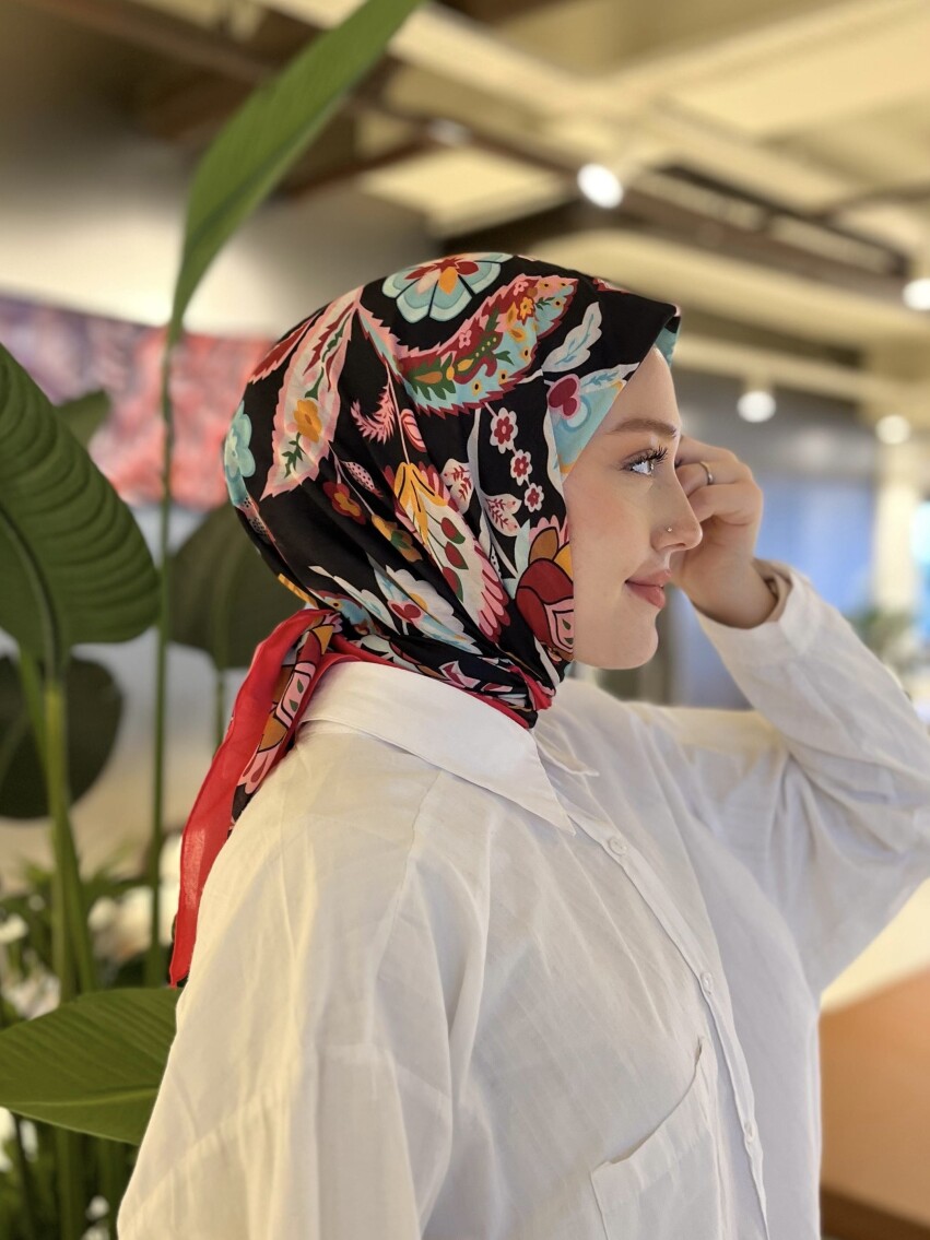 ETNİK DESEN EŞARP - SİYAH PEMBE - 1