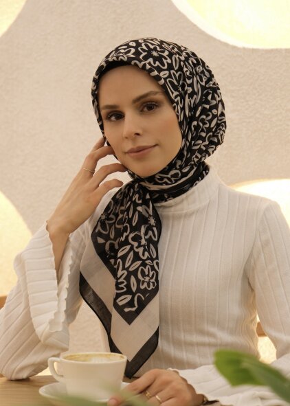 FLORA LİNE EŞARP - SİYAH BEYAZ - 2