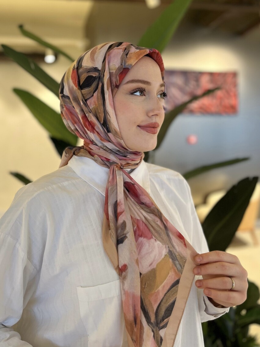 FLORAL BRUSH EŞARP - LATTE - 1