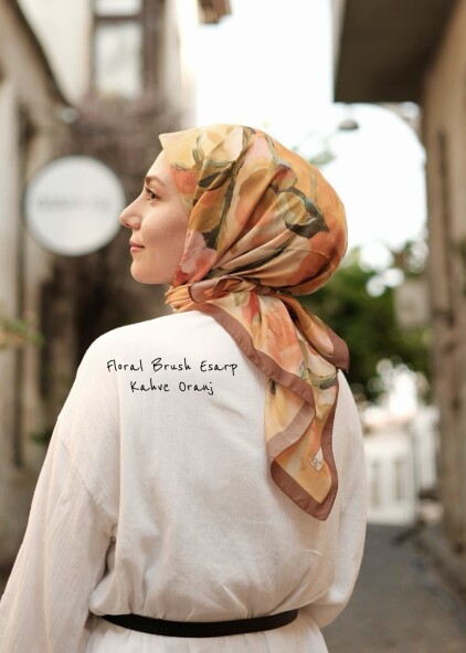 FLORAL BRUSH EŞARP - KAHVE ORANJ - 
