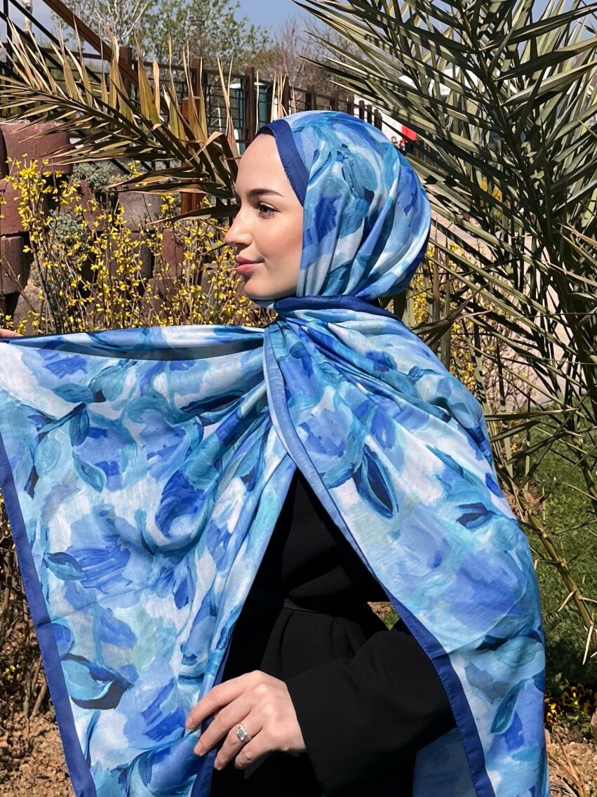 FLORAL BRUSH ŞAL - GECE MAVİSİ - 1