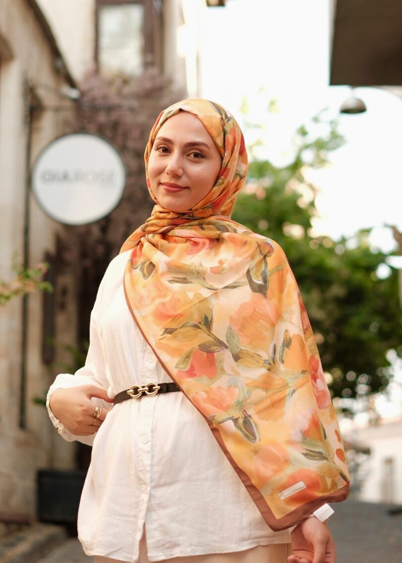 FLORAL BRUSH ŞAL - KAHVE ORANJ - 1