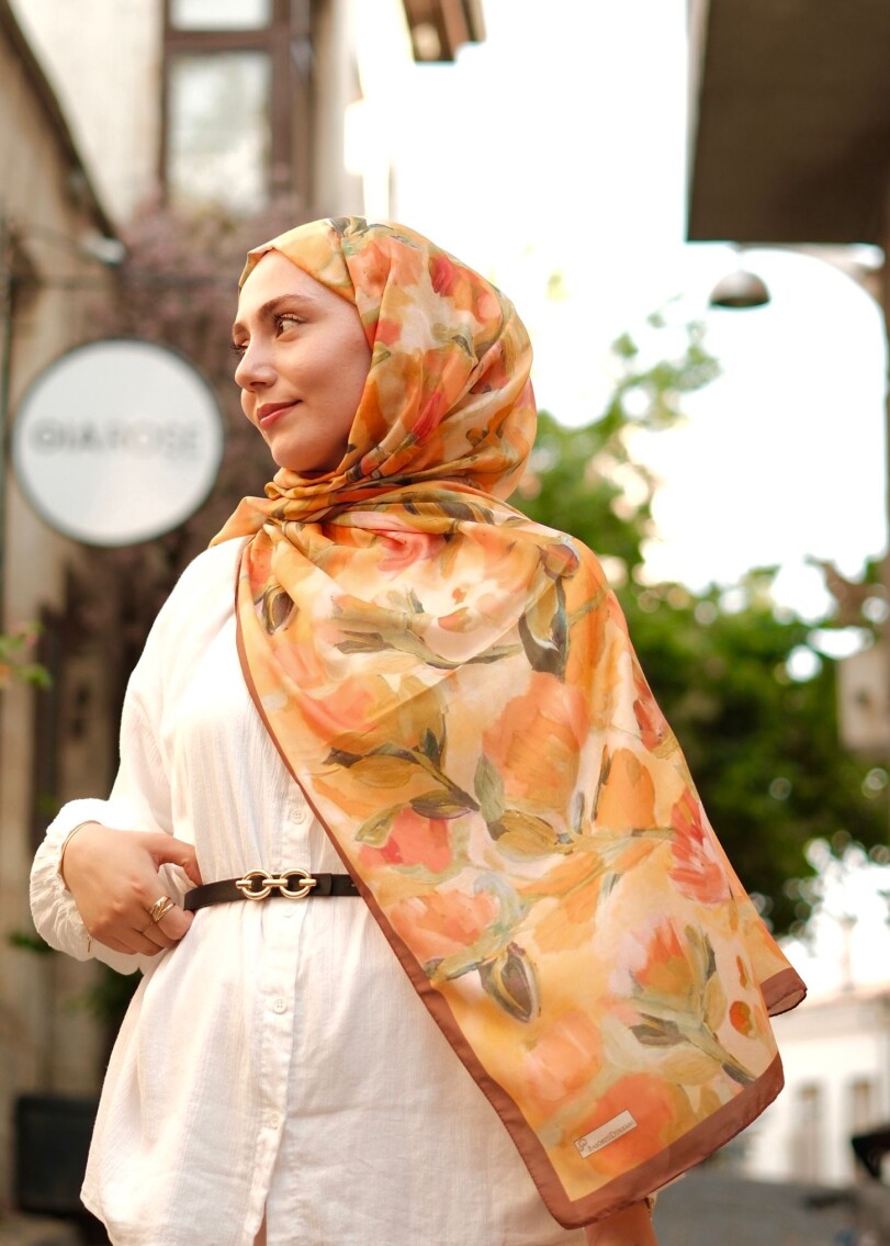 FLORAL BRUSH ŞAL - KAHVE ORANJ - 2