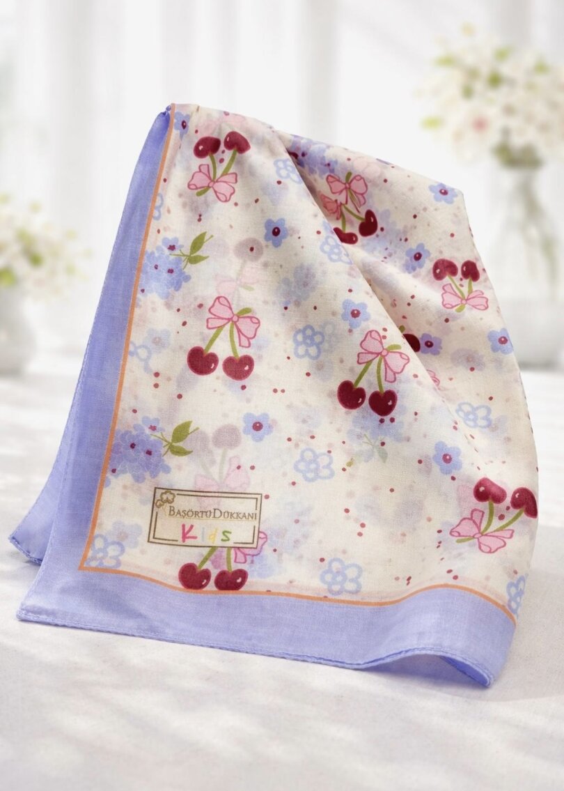 KİDS KURDELE KIRAZ DESEN EŞARP - MAVI BORDURLU - 1
