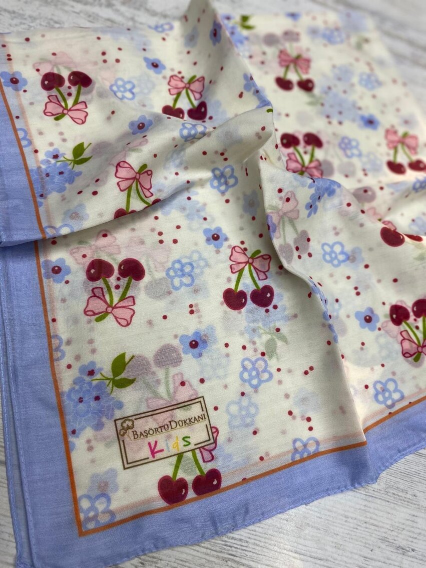 KİDS KURDELE KIRAZ DESEN EŞARP - MAVI BORDURLU - 4