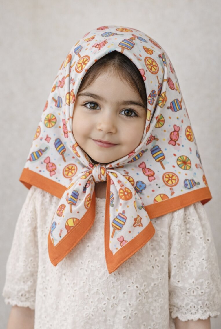 KİDS TURUNCU ŞEKER DESEN EŞARP - 1