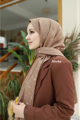 PAMUK VUAL YAPRAK DESEN JAKAR ŞAL - MOCHA - 1