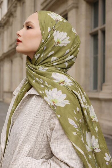 SİLK GARDEN ŞAL - ZEYTİN YEŞİLİ - 