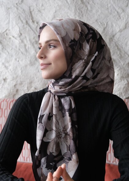 VELVET BLOOM EŞARP - SİYAH BEJ - 