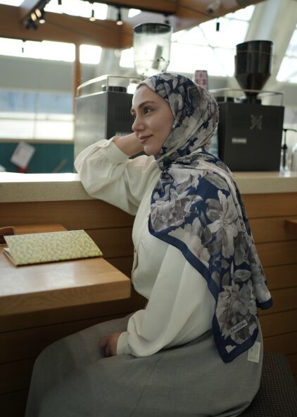 VELVET BLOOM ŞAL - LACIVERT BEJ - 4